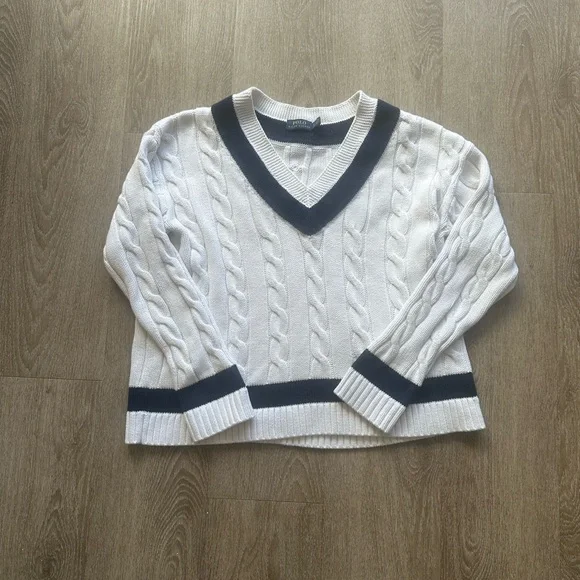 Polo Ralph Lauren 100% Cotton Cable Knit Tennis Sweater White Navy Trim Preppy - Picture 1 of 5